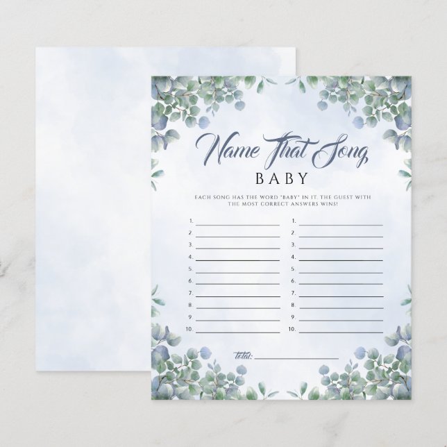 Greenery Blue Watercolor Name That Song Baby Game (Front/Back)