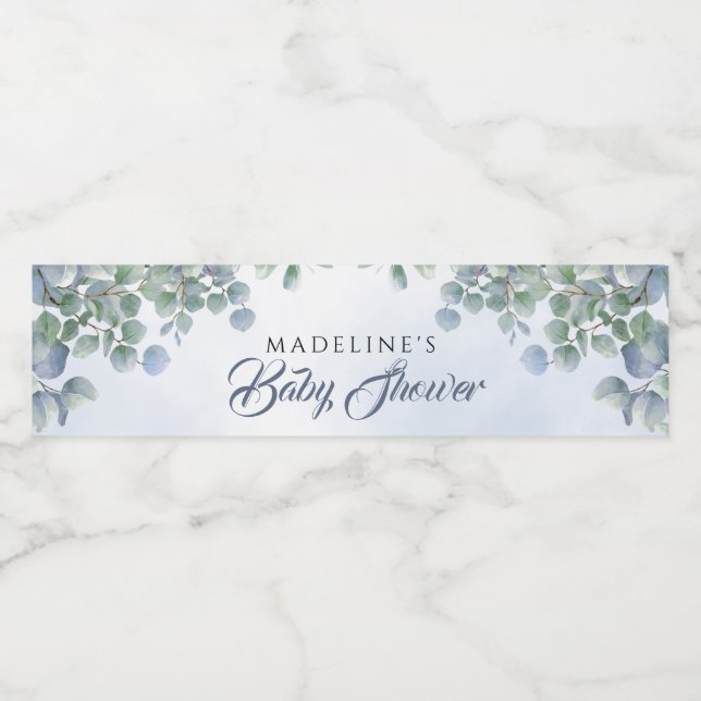 Greenery Blue Watercolor Water Bottle Label (Single Label)
