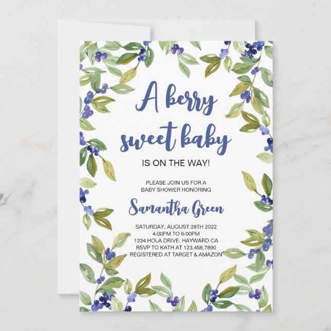  Greenery Blueberry Baby Shower Invitation (Front)