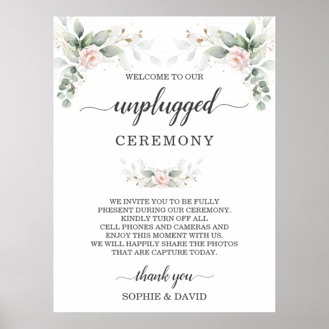 Greenery Blush Floral Gold Unplugged Ceremony Sign (Front)