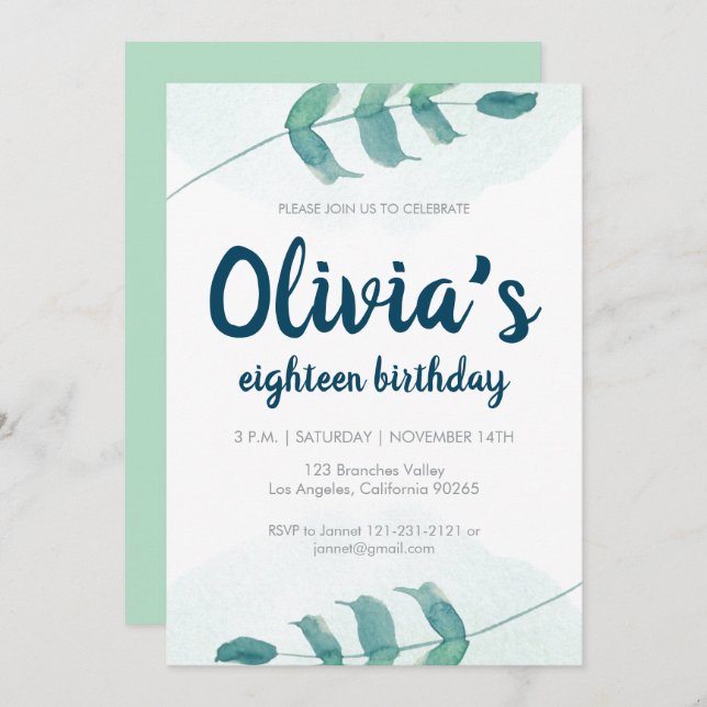 Greenery Blush leaf Botanical Watercolor birthday Invitation (Front/Back)