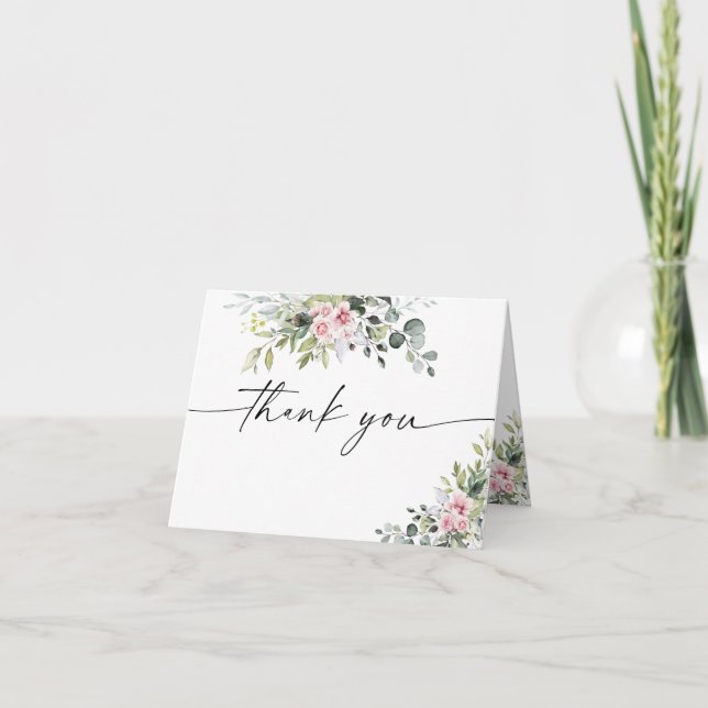 Greenery Blush Pink Baby Shower Thank You Card (Front)