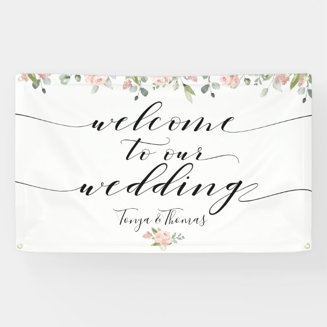 Greenery & Blush Pink Black Calligraphy Welcome Banner (Horizontal)
