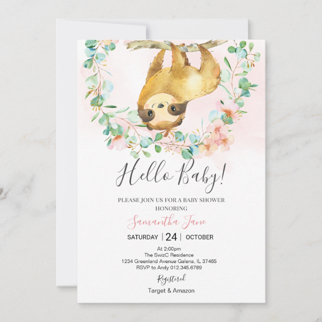 Greenery Blush Pink Cute Sloth Baby Shower Girl Invitation (Front)