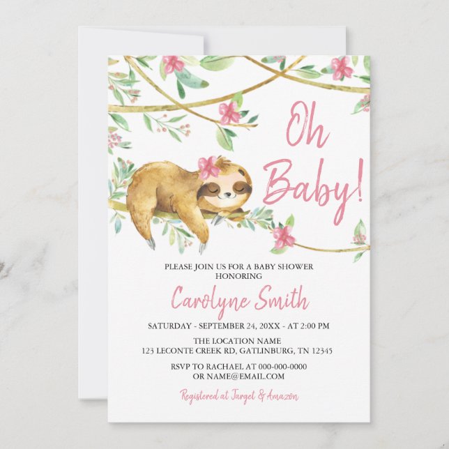 Greenery Blush Pink Cute Sloth Baby Shower Invitat Invitation (Front)