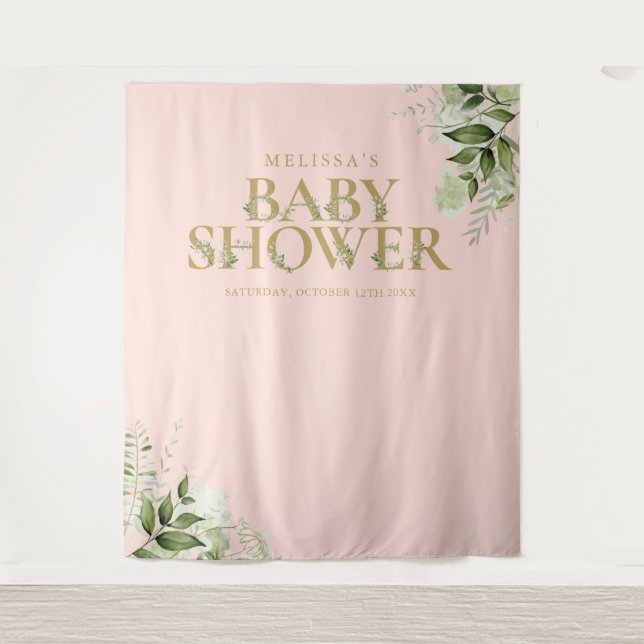 Greenery Blush Pink Gold Baby Shower Photo Prop Tapestry (Front)