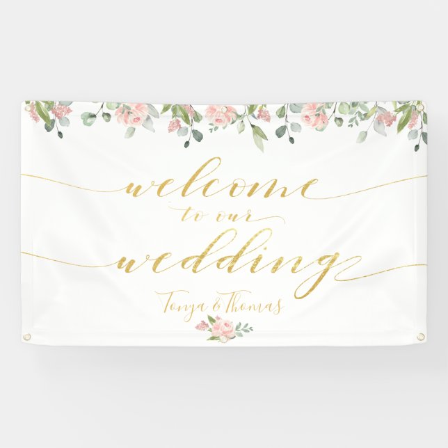 Greenery & Blush Pink Gold Calligraphy Welcome Banner (Horizontal)