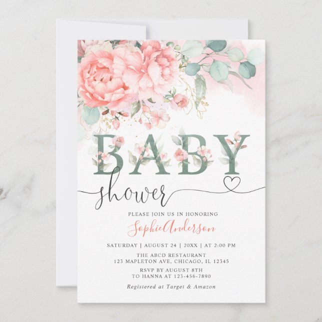 Greenery Blush Pink Rose Gold Elegant Baby Shower Invitation (Front)