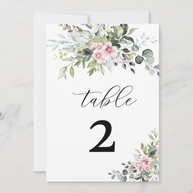 Greenery Blush Pink Wedding Table Number (Front)