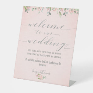 Greenery Blush & Silver Fancy Calligraphy Welcome Pedestal Sign