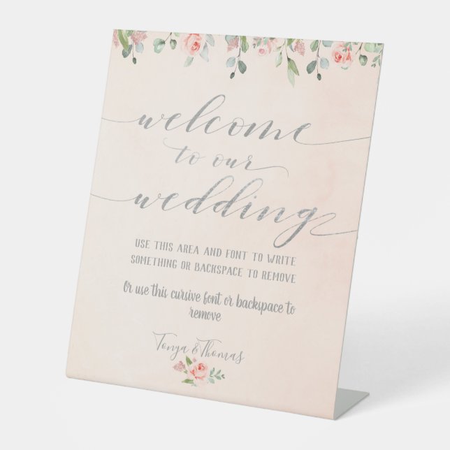 Greenery Blush & Silver Fancy Calligraphy Welcome Pedestal Sign (Front)