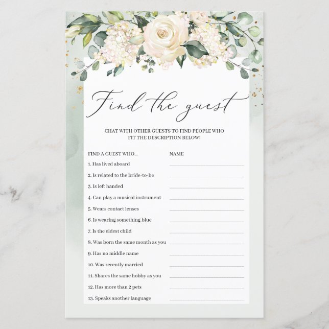 Greenery Boho Find The Guest Bridal Game (Front)