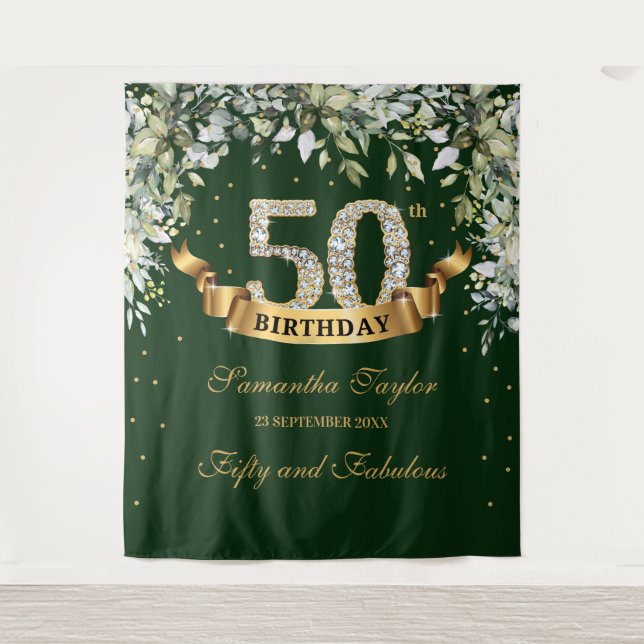 Greenery boho foliage and gold 50th birthday tapestry (Front)