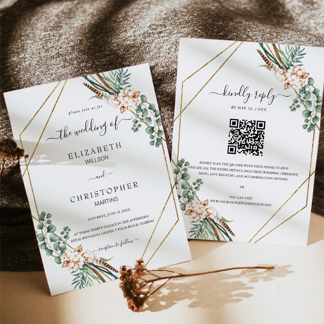 Greenery Boho Geometric Frame QR Code RSVP Wedding Invitation (Creator Uploaded)