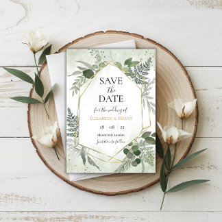 Greenery boho gold geometric watercolour save date invitation
