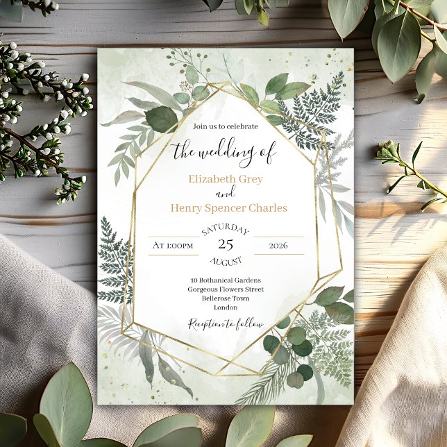 Greenery boho gold geometric watercolour wedding invitation (Creator Uploaded)