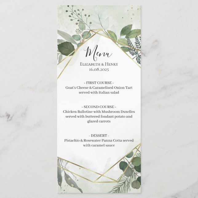 Greenery boho gold geometric watercolour wedding menu (Front)