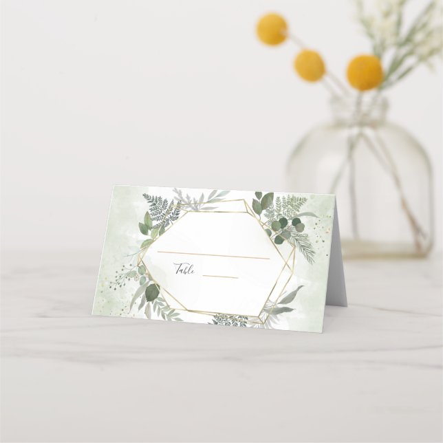 Greenery boho gold geometric watercolour wedding place card (Front)
