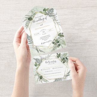 Greenery boho gold watercolour geometric wedding all in one invitation