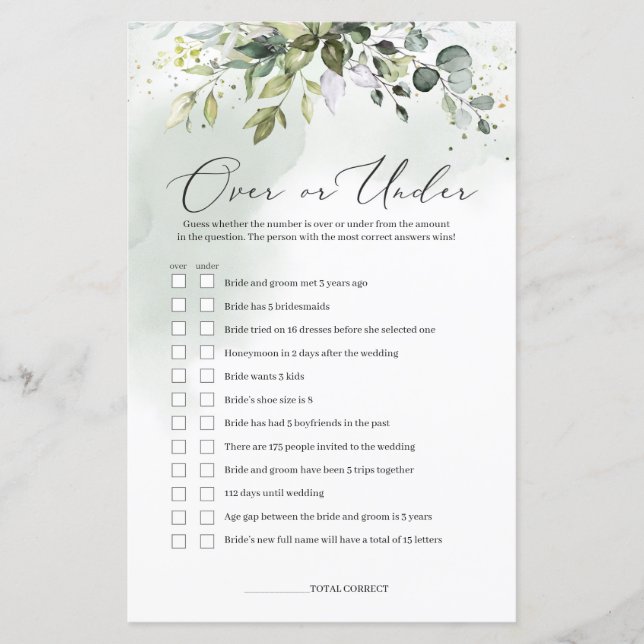 Greenery boho over or under bridal shower game (Front)