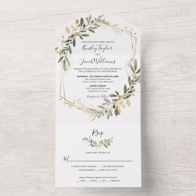 Greenery Boho Sage and Gold Geometric Wedding All In One Invitation (Inside)