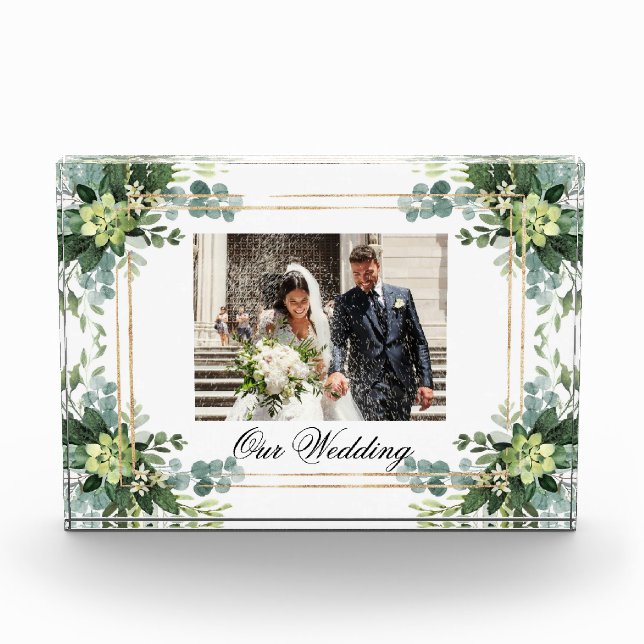 Greenery Boho Succulent Foliage and Gold Wedding Photo Block (Front)