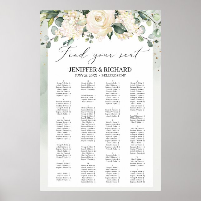 Greenery boho white rose wedding seating chart (Front)