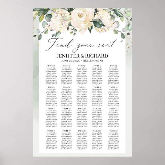 Greenery boho white roses wedding seating chart (Front)