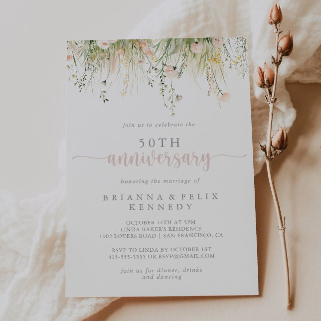 Greenery Boho Wildflower 50th Wedding Anniversary  Invitation (Creator Uploaded)