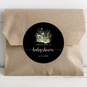 Greenery Boho Wildflower Black Baby Shower Favour  Classic Round Sticker