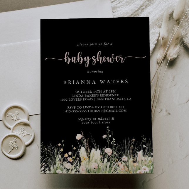 Greenery Boho Wildflower Black Baby Shower Invitation (Creator Uploaded)