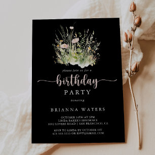 Greenery Boho Wildflower Black Birthday Party  Invitation