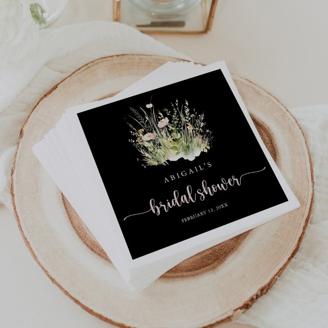 Greenery Boho Wildflower Black Bridal Shower Napkin (Creator Uploaded)