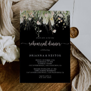 Greenery Boho Wildflower Black Rehearsal Dinner  Invitation