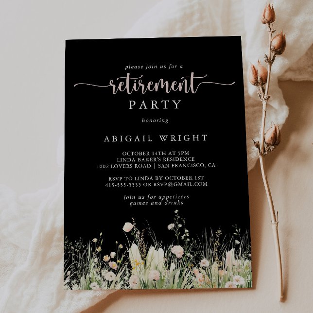 Greenery Boho Wildflower Black Retirement Party Invitation (Creator Uploaded)