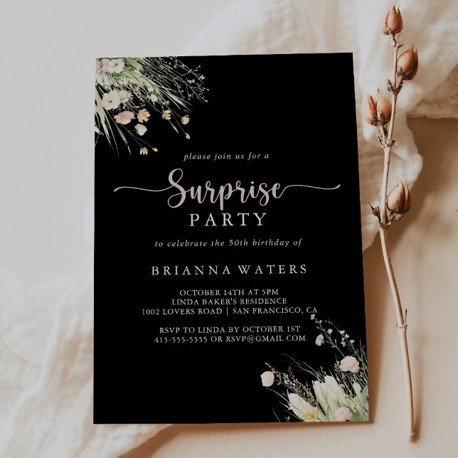 Greenery Boho Wildflower Black Surprise Party  Invitation (Creator Uploaded)