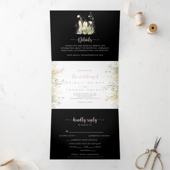 Greenery Boho Wildflower Black The Wedding of Tri-Fold Invitation (Inside)
