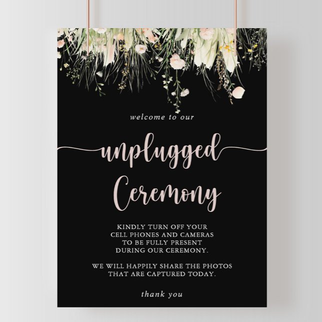 Greenery Boho Wildflower Black Unplugged Ceremony  Poster (Creator Uploaded)