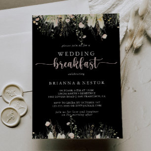 Greenery Boho Wildflower Black Wedding Breakfast  Invitation