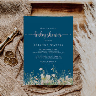 Greenery Boho Wildflower Navy Baby Shower Invitation