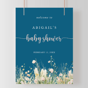 Greenery Boho Wildflower Navy Baby Shower Welcome Poster