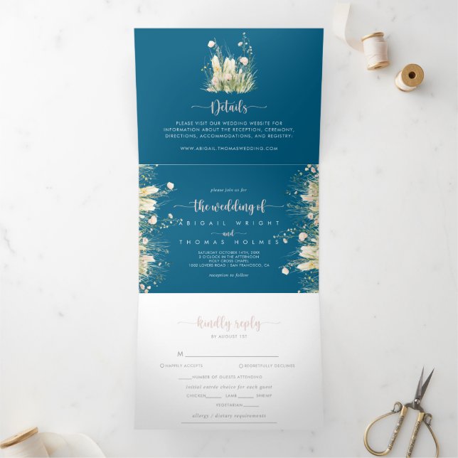 Greenery Boho Wildflower Navy Blue The Wedding of Tri-Fold Invitation (Inside)