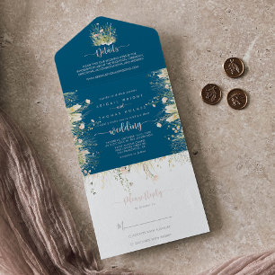 Greenery Boho Wildflower Navy Blue Wedding   All In One Invitation