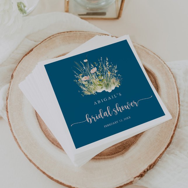 Greenery Boho Wildflower Navy Bridal Shower Napkin (Creator Uploaded)