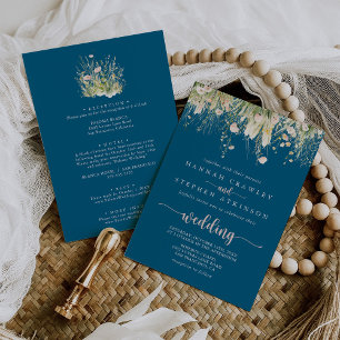 Greenery Boho Wildflower Navy Front & Back Wedding Invitation