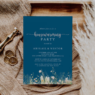 Greenery Boho Wildflower Navy Housewarming Party  Invitation