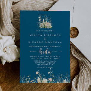 Greenery Boho Wildflower Navy Spanish Wedding  Invitation