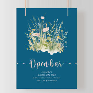 Greenery Boho Wildflower Navy Wedding Open Bar  Poster