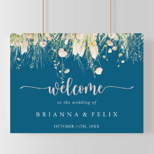 Greenery Boho Wildflower Navy Wedding Welcome Sign