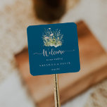 Greenery Boho Wildflower Navy Wedding Welcome  Square Sticker<br><div class="desc">This greenery boho wildflower navy wedding welcome square sticker is perfect for a rustic wedding. The design features watercolor pink,  blush,  yellow,  and white wildflowers arranged in elegant bouquets.

These labels are perfect for hotel guest welcome bags and destination weddings.</div>